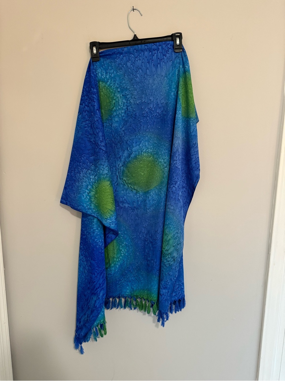Blue & Green Batik-style Shawl with Fringe